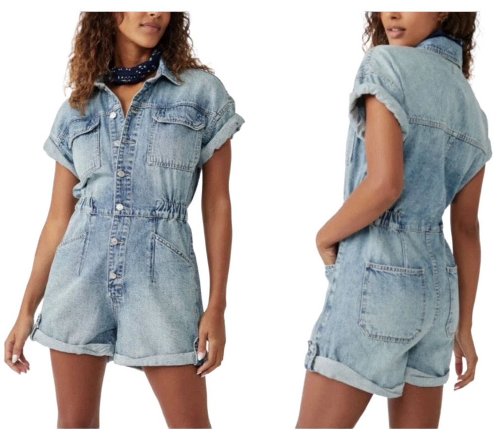 We The Free Light Blue Denim Romper‎